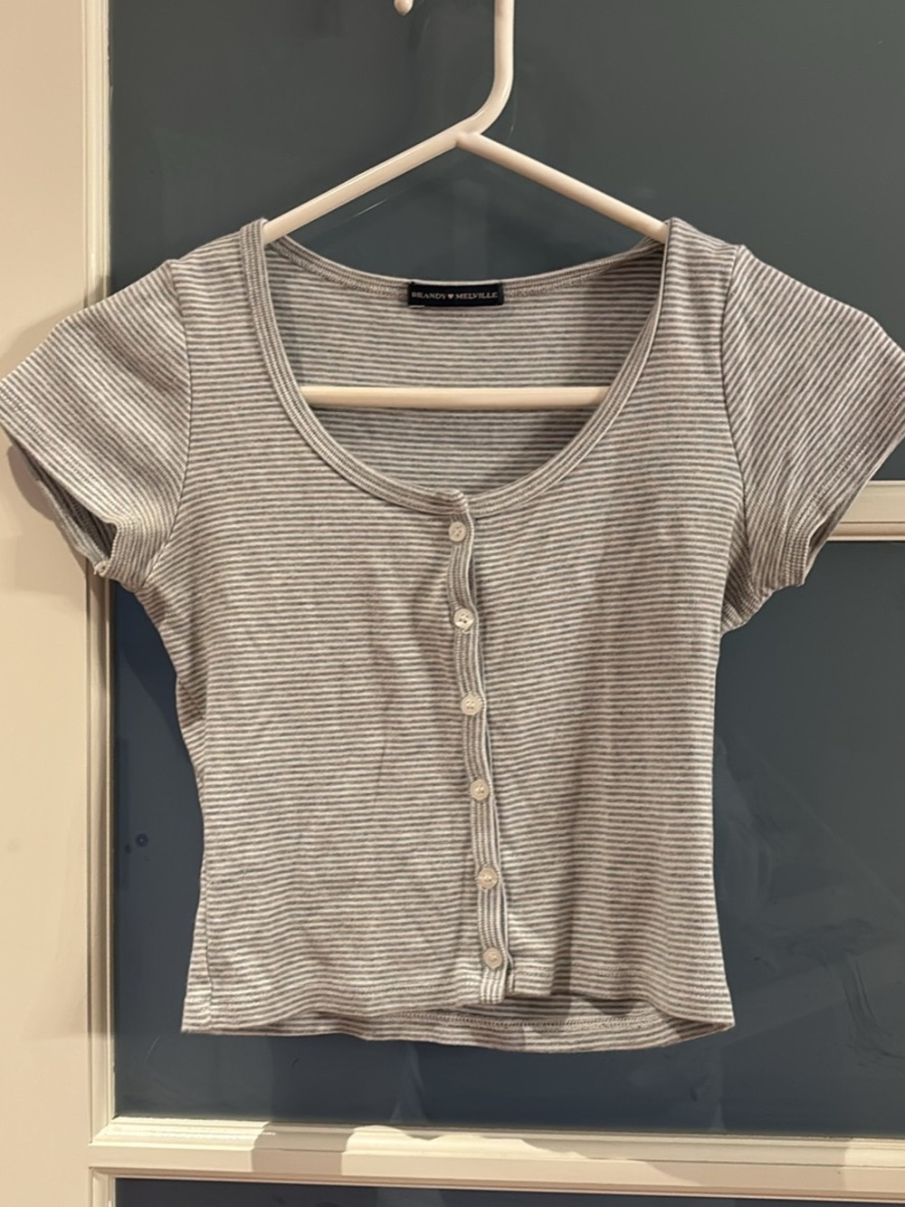 Brandy Melville Gray & White Striped Scoop Button-Front Crop Top